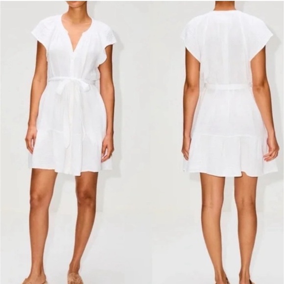 Xirena Jude Dress White Short Sleeve Waffle Knit Belted Button Front Cotton XS - Picture 1 of 12